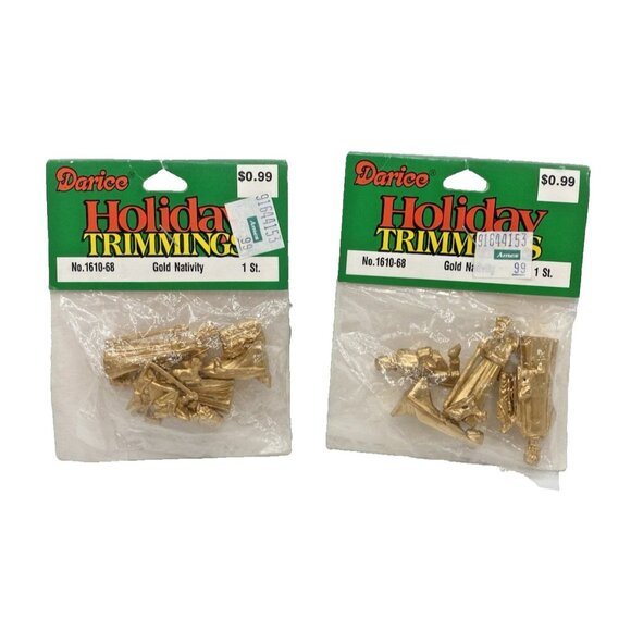 Vintage Miniature Gold Nativity Set Darice Holiday Trimmings NIP Tiny Lot of 2 - Picture 1 of 10